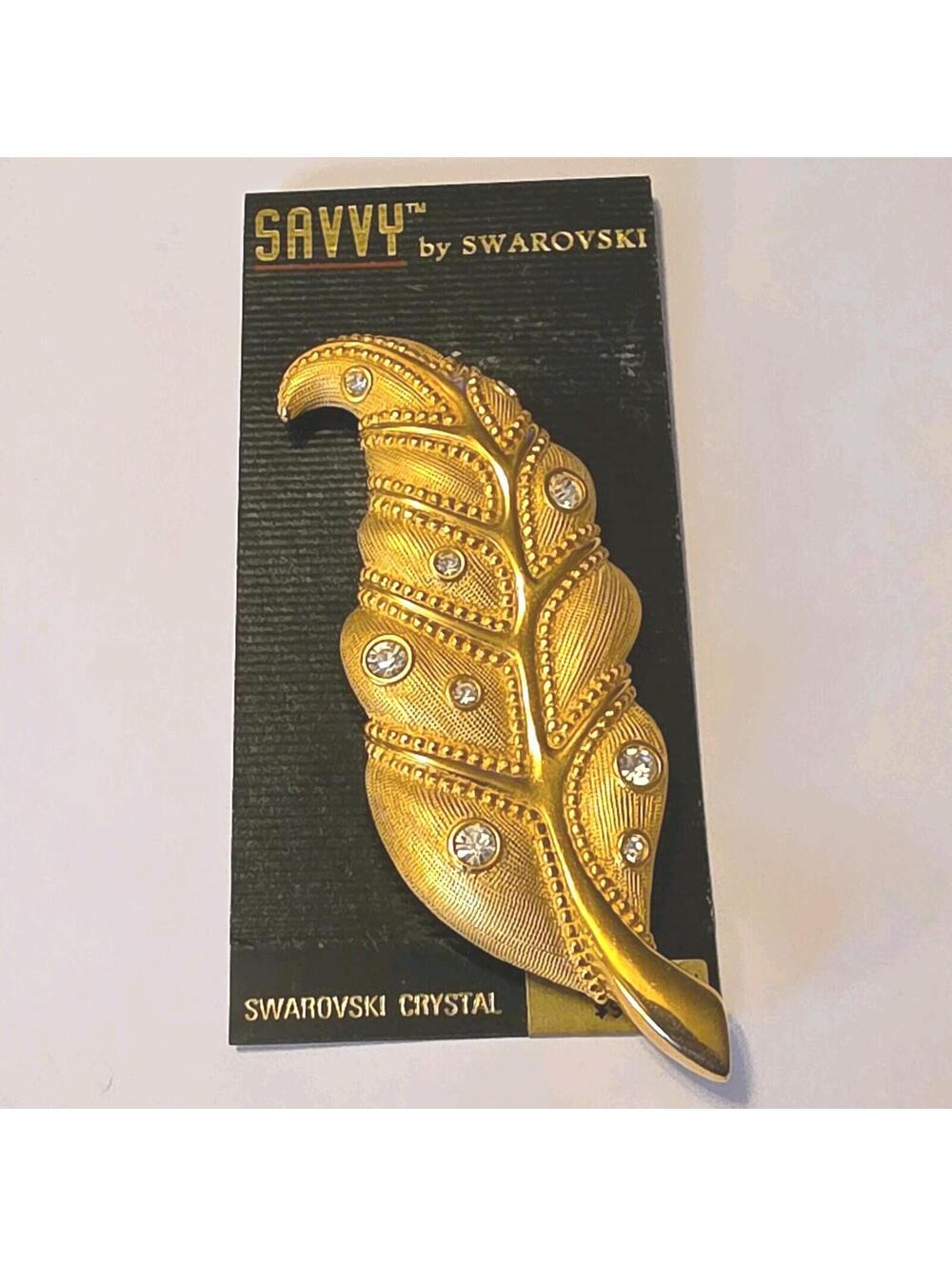 1980s Vintage Swarvoski Large Brushed Gold Plated Clear Crystal Leaf Brooch Pin